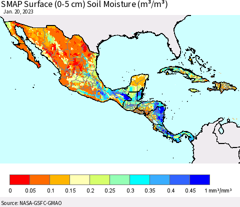 Mexico Central America and the Caribbean SMAP Surface (0-5 cm) Soil Moisture (m³/m³) Thematic Map For 1/16/2023 - 1/20/2023