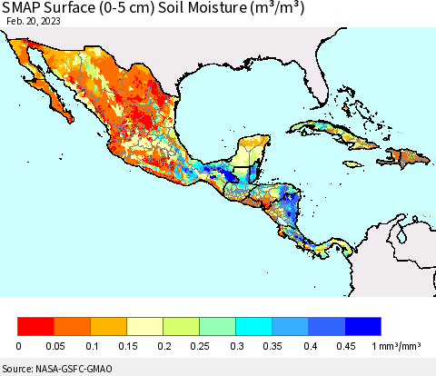 Mexico Central America and the Caribbean SMAP Surface (0-5 cm) Soil Moisture (m³/m³) Thematic Map For 2/16/2023 - 2/20/2023