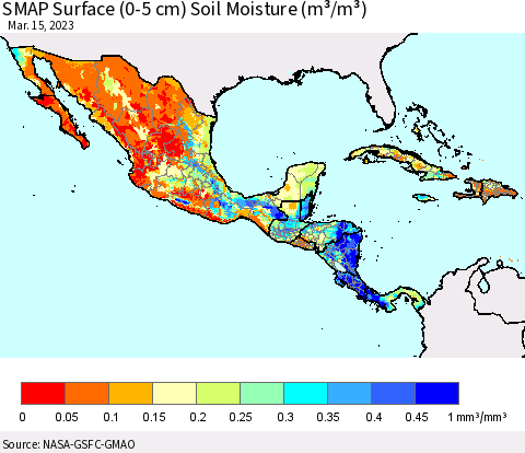 Mexico Central America and the Caribbean SMAP Surface (0-5 cm) Soil Moisture (m³/m³) Thematic Map For 3/11/2023 - 3/15/2023