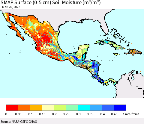 Mexico Central America and the Caribbean SMAP Surface (0-5 cm) Soil Moisture (m³/m³) Thematic Map For 3/16/2023 - 3/20/2023