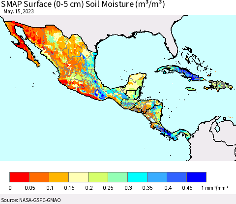 Mexico Central America and the Caribbean SMAP Surface (0-5 cm) Soil Moisture (m³/m³) Thematic Map For 5/11/2023 - 5/15/2023