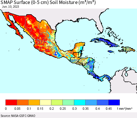 Mexico Central America and the Caribbean SMAP Surface (0-5 cm) Soil Moisture (m³/m³) Thematic Map For 6/6/2023 - 6/10/2023