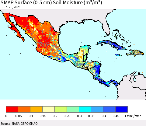 Mexico Central America and the Caribbean SMAP Surface (0-5 cm) Soil Moisture (m³/m³) Thematic Map For 6/21/2023 - 6/25/2023
