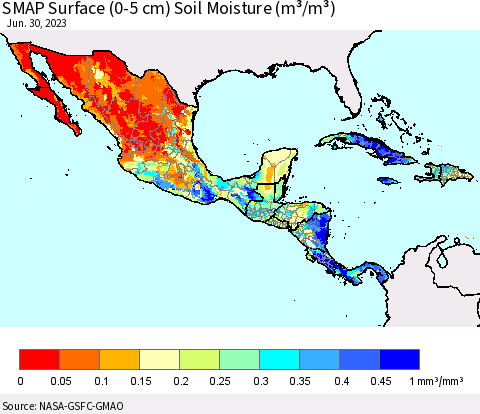 Mexico Central America and the Caribbean SMAP Surface (0-5 cm) Soil Moisture (m³/m³) Thematic Map For 6/26/2023 - 6/30/2023