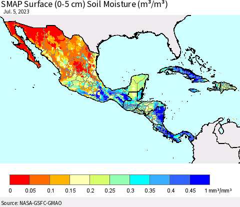 Mexico Central America and the Caribbean SMAP Surface (0-5 cm) Soil Moisture (m³/m³) Thematic Map For 7/1/2023 - 7/5/2023