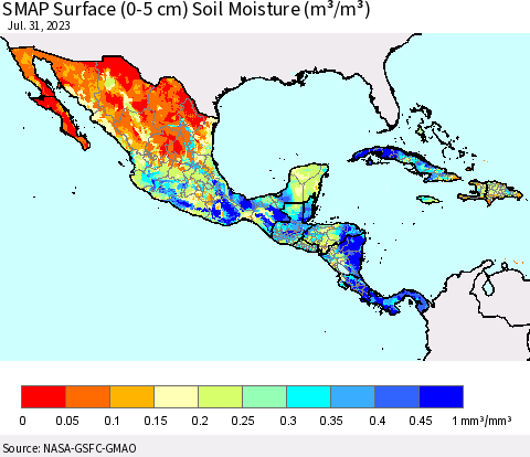 Mexico Central America and the Caribbean SMAP Surface (0-5 cm) Soil Moisture (m³/m³) Thematic Map For 7/26/2023 - 7/31/2023