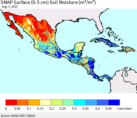 Mexico Central America and the Caribbean SMAP Surface (0-5 cm) Soil Moisture (m³/m³) Thematic Map For 8/1/2023 - 8/5/2023