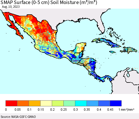 Mexico Central America and the Caribbean SMAP Surface (0-5 cm) Soil Moisture (m³/m³) Thematic Map For 8/6/2023 - 8/10/2023