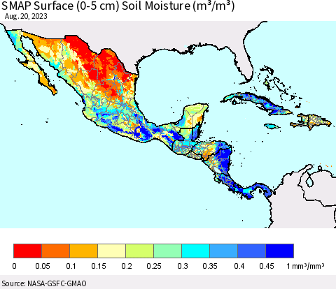 Mexico Central America and the Caribbean SMAP Surface (0-5 cm) Soil Moisture (m³/m³) Thematic Map For 8/16/2023 - 8/20/2023