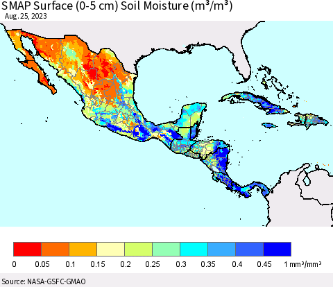 Mexico Central America and the Caribbean SMAP Surface (0-5 cm) Soil Moisture (m³/m³) Thematic Map For 8/21/2023 - 8/25/2023