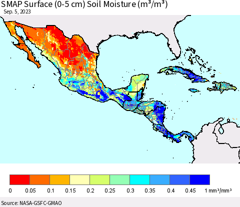 Mexico Central America and the Caribbean SMAP Surface (0-5 cm) Soil Moisture (m³/m³) Thematic Map For 9/1/2023 - 9/5/2023
