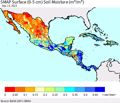 Mexico Central America and the Caribbean SMAP Surface (0-5 cm) Soil Moisture (m³/m³) Thematic Map For 9/11/2023 - 9/15/2023
