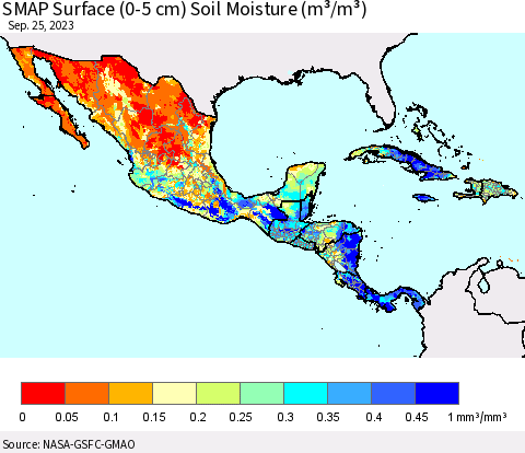 Mexico Central America and the Caribbean SMAP Surface (0-5 cm) Soil Moisture (m³/m³) Thematic Map For 9/21/2023 - 9/25/2023