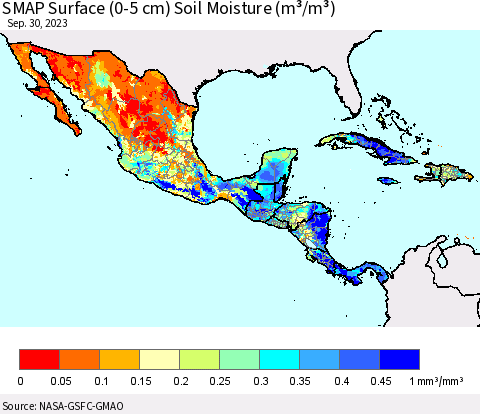 Mexico Central America and the Caribbean SMAP Surface (0-5 cm) Soil Moisture (m³/m³) Thematic Map For 9/26/2023 - 9/30/2023