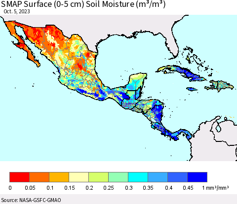 Mexico Central America and the Caribbean SMAP Surface (0-5 cm) Soil Moisture (m³/m³) Thematic Map For 10/1/2023 - 10/5/2023
