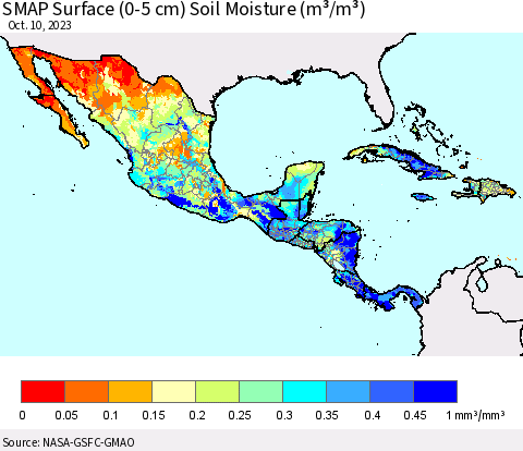 Mexico Central America and the Caribbean SMAP Surface (0-5 cm) Soil Moisture (m³/m³) Thematic Map For 10/6/2023 - 10/10/2023