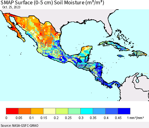 Mexico Central America and the Caribbean SMAP Surface (0-5 cm) Soil Moisture (m³/m³) Thematic Map For 10/21/2023 - 10/25/2023