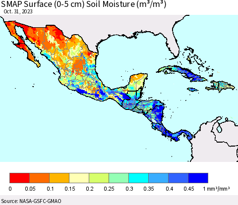 Mexico Central America and the Caribbean SMAP Surface (0-5 cm) Soil Moisture (m³/m³) Thematic Map For 10/26/2023 - 10/31/2023