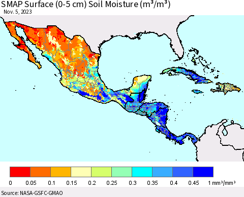 Mexico Central America and the Caribbean SMAP Surface (0-5 cm) Soil Moisture (m³/m³) Thematic Map For 11/1/2023 - 11/5/2023