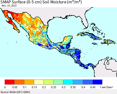 Mexico Central America and the Caribbean SMAP Surface (0-5 cm) Soil Moisture (m³/m³) Thematic Map For 11/6/2023 - 11/10/2023