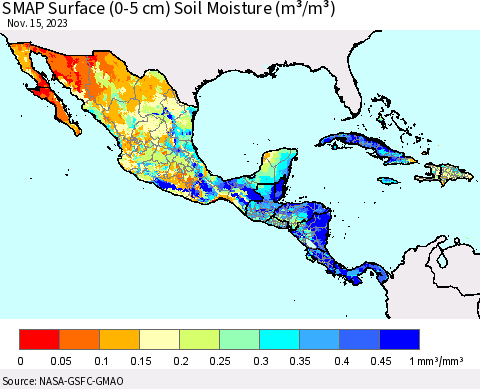 Mexico Central America and the Caribbean SMAP Surface (0-5 cm) Soil Moisture (m³/m³) Thematic Map For 11/11/2023 - 11/15/2023