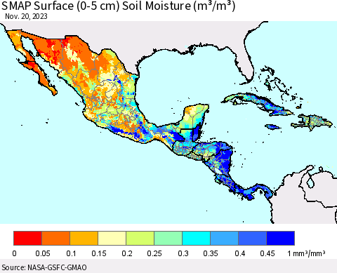 Mexico Central America and the Caribbean SMAP Surface (0-5 cm) Soil Moisture (m³/m³) Thematic Map For 11/16/2023 - 11/20/2023