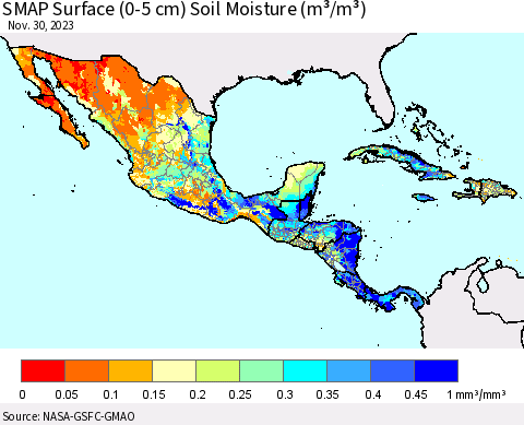 Mexico Central America and the Caribbean SMAP Surface (0-5 cm) Soil Moisture (m³/m³) Thematic Map For 11/26/2023 - 11/30/2023
