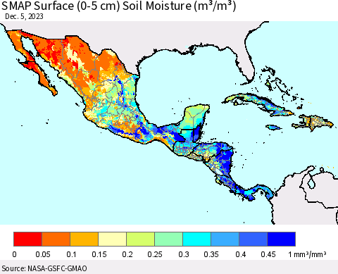 Mexico Central America and the Caribbean SMAP Surface (0-5 cm) Soil Moisture (m³/m³) Thematic Map For 12/1/2023 - 12/5/2023