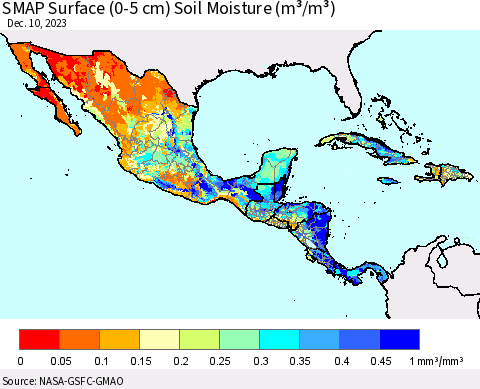 Mexico Central America and the Caribbean SMAP Surface (0-5 cm) Soil Moisture (m³/m³) Thematic Map For 12/6/2023 - 12/10/2023