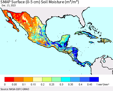 Mexico Central America and the Caribbean SMAP Surface (0-5 cm) Soil Moisture (m³/m³) Thematic Map For 12/11/2023 - 12/15/2023