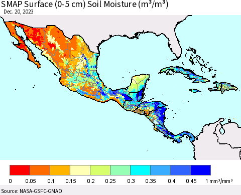 Mexico Central America and the Caribbean SMAP Surface (0-5 cm) Soil Moisture (m³/m³) Thematic Map For 12/16/2023 - 12/20/2023