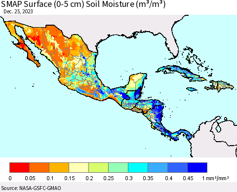 Mexico Central America and the Caribbean SMAP Surface (0-5 cm) Soil Moisture (m³/m³) Thematic Map For 12/21/2023 - 12/25/2023