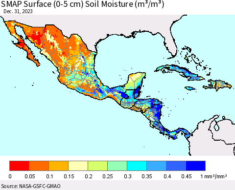 Mexico Central America and the Caribbean SMAP Surface (0-5 cm) Soil Moisture (m³/m³) Thematic Map For 12/26/2023 - 12/31/2023