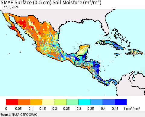 Mexico Central America and the Caribbean SMAP Surface (0-5 cm) Soil Moisture (m³/m³) Thematic Map For 1/1/2024 - 1/5/2024