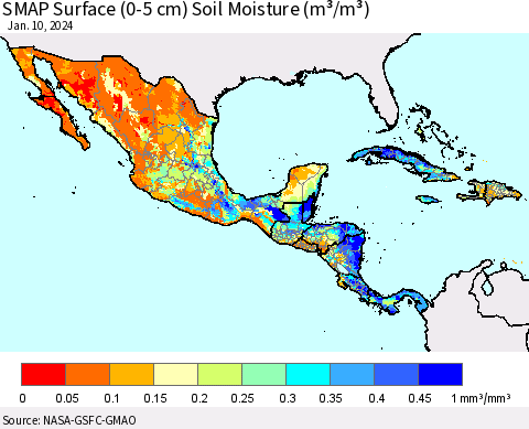 Mexico Central America and the Caribbean SMAP Surface (0-5 cm) Soil Moisture (m³/m³) Thematic Map For 1/6/2024 - 1/10/2024