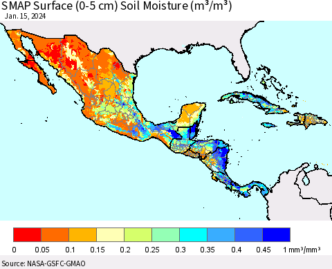 Mexico Central America and the Caribbean SMAP Surface (0-5 cm) Soil Moisture (m³/m³) Thematic Map For 1/11/2024 - 1/15/2024