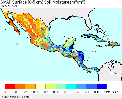 Mexico Central America and the Caribbean SMAP Surface (0-5 cm) Soil Moisture (m³/m³) Thematic Map For 1/21/2024 - 1/25/2024