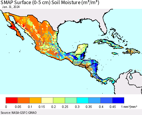 Mexico Central America and the Caribbean SMAP Surface (0-5 cm) Soil Moisture (m³/m³) Thematic Map For 1/26/2024 - 1/31/2024