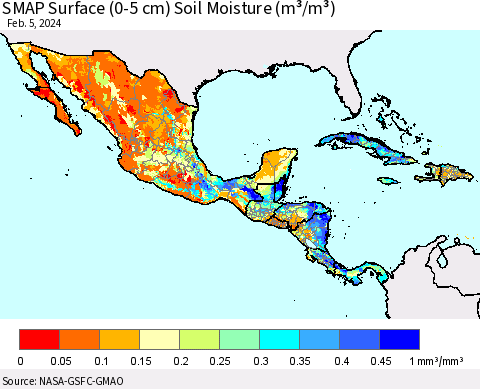 Mexico Central America and the Caribbean SMAP Surface (0-5 cm) Soil Moisture (m³/m³) Thematic Map For 2/1/2024 - 2/5/2024