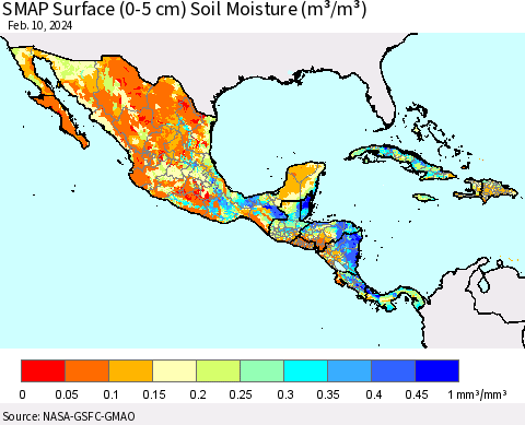 Mexico Central America and the Caribbean SMAP Surface (0-5 cm) Soil Moisture (m³/m³) Thematic Map For 2/6/2024 - 2/10/2024