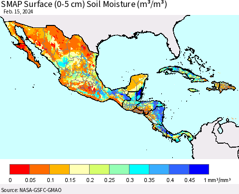 Mexico Central America and the Caribbean SMAP Surface (0-5 cm) Soil Moisture (m³/m³) Thematic Map For 2/11/2024 - 2/15/2024