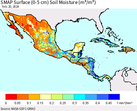 Mexico Central America and the Caribbean SMAP Surface (0-5 cm) Soil Moisture (m³/m³) Thematic Map For 2/16/2024 - 2/20/2024