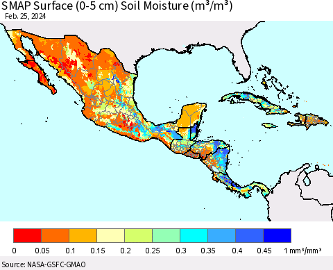 Mexico Central America and the Caribbean SMAP Surface (0-5 cm) Soil Moisture (m³/m³) Thematic Map For 2/21/2024 - 2/25/2024