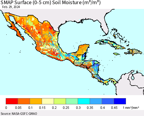 Mexico Central America and the Caribbean SMAP Surface (0-5 cm) Soil Moisture (m³/m³) Thematic Map For 2/26/2024 - 2/29/2024