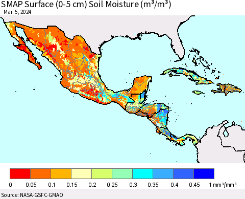 Mexico Central America and the Caribbean SMAP Surface (0-5 cm) Soil Moisture (m³/m³) Thematic Map For 3/1/2024 - 3/5/2024