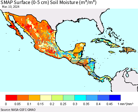 Mexico Central America and the Caribbean SMAP Surface (0-5 cm) Soil Moisture (m³/m³) Thematic Map For 3/6/2024 - 3/10/2024