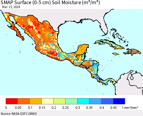 Mexico Central America and the Caribbean SMAP Surface (0-5 cm) Soil Moisture (m³/m³) Thematic Map For 3/11/2024 - 3/15/2024