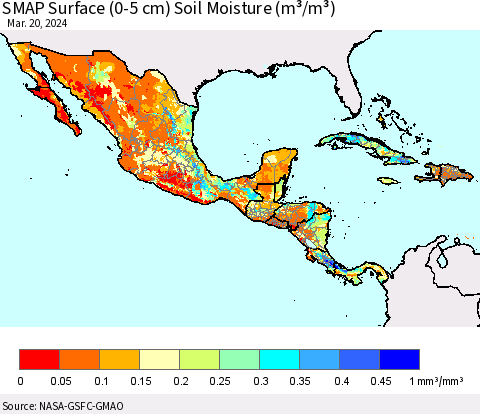 Mexico Central America and the Caribbean SMAP Surface (0-5 cm) Soil Moisture (m³/m³) Thematic Map For 3/16/2024 - 3/20/2024