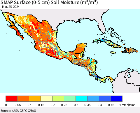 Mexico Central America and the Caribbean SMAP Surface (0-5 cm) Soil Moisture (m³/m³) Thematic Map For 3/21/2024 - 3/25/2024