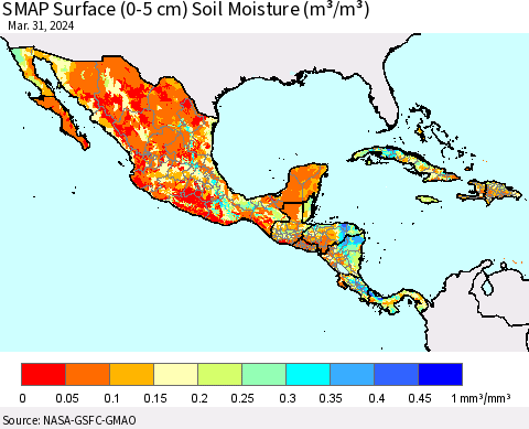Mexico Central America and the Caribbean SMAP Surface (0-5 cm) Soil Moisture (m³/m³) Thematic Map For 3/26/2024 - 3/31/2024
